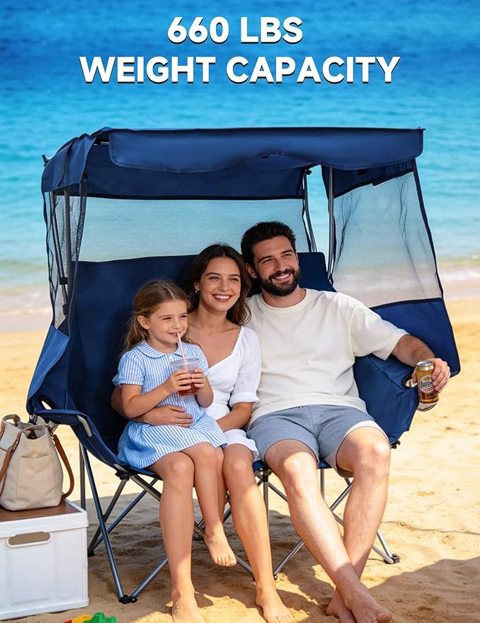East Oak Double Camping Chair with Canopy | 24" High Back Camping Couch for Adults with 360° Sun Protection, 14.7 lbs Lightweight, 660 lbs Heavy Duty Canopy Chair for Outdoors