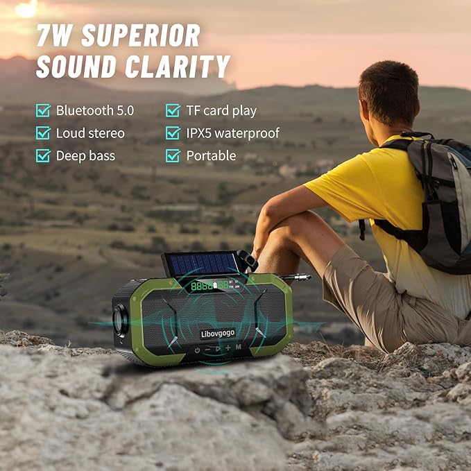 Emergency Radio Waterproof Bluetooth Speaker,Portable AM FM Radio with 5000mAh/18500mWh Cell Phone Charger,Flashlight,Reading Lamp,Hand Crank NOAA Weather Radio with Solar Panel,Emergency Survival Kit