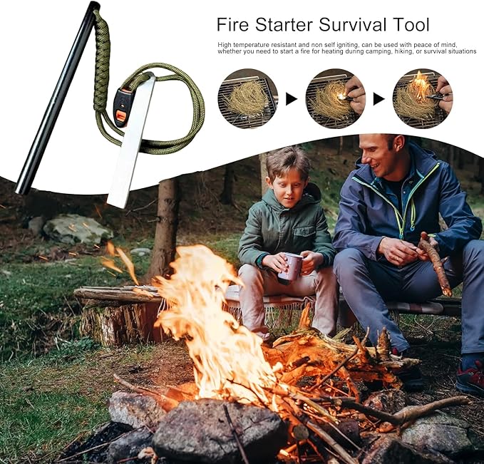 6 Inch Survival Fire Starter, Classic Ferro Rod Fire Starter 3/8 Inch x 6 Inch with Multi-Tool Long Strikes, Suitable for Camping & Hiking Outdoor Emergency