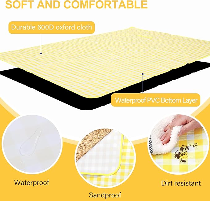 HX&OD Outdoor Picnic Blanket 80"X80" Picnic Mat Extra Large Camping Blanket Beach Blanket Foldable Waterproof Sand Mat Hiking Travel Family Concerts(Yellow)
