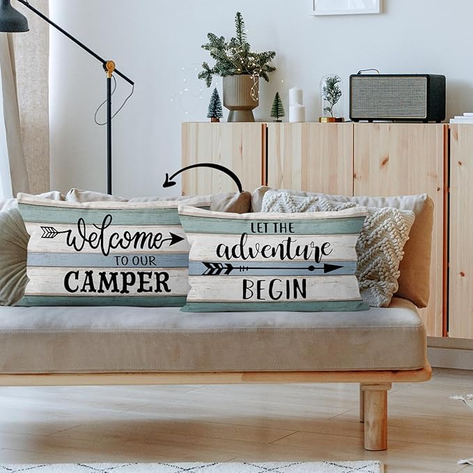 HIWX Let The Adventure Begin Welcome to Our Camper Decorative Pillowcase Throw Pillow Cover, Rustic Camper Camping Theme for Rv Sofa Bed Room Home Decor 12 x 20 Inch Reversible Pillow Case