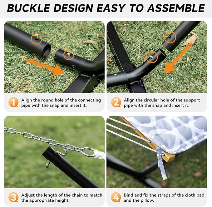 Everyfun 2 Person Outdoor Hammock with Stand, Cotton Rope Hammock with Polyester Pad, Adjustable Steel Frame, Portable with Carrying Bag – for Patio, Backyard, Garden, Beach, Cloud-Gray