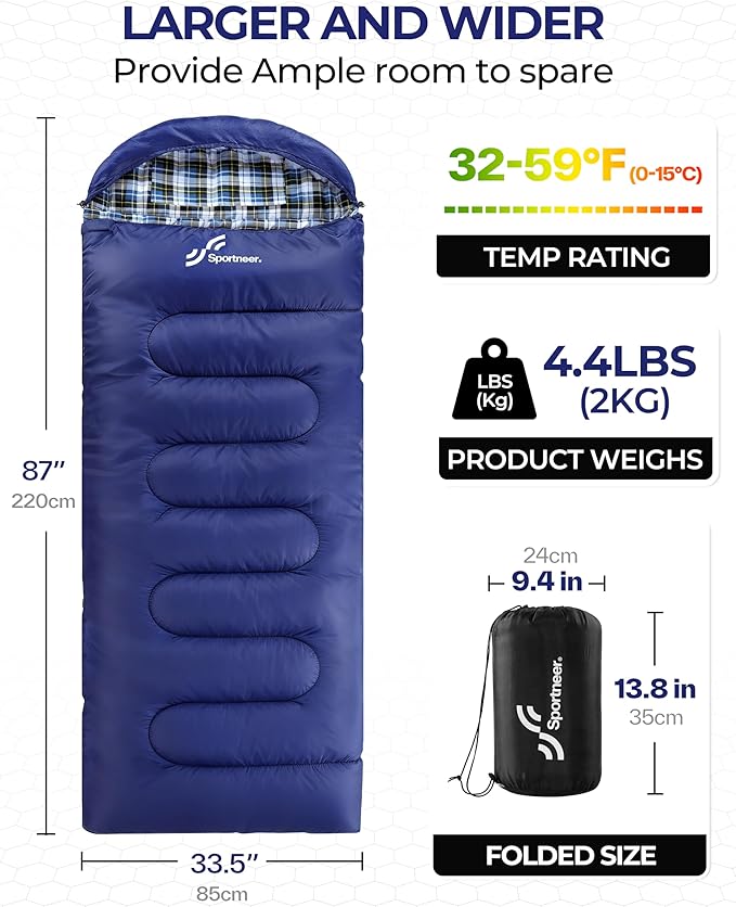 Sportneer 0 Degree Sleeping Bag for Cold Weather, XL Winter Sleeping Bag for Adults, Flannel Lined Camping Sleeping Bag, 32°F–59°F Rated, 87" x 33.5", 4.4 lbs, Detachable Hood, Compression Sack