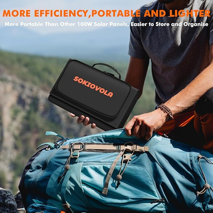 SOKIOVOLA 100W Portable Foldable Solar Panel 20V Portable Solar Charger with QC3.0 USB-A & Type-C Output IP68 Waterproof for Cell Phones Camera Outdoor Camping RV Hiking Travel Small Power Station