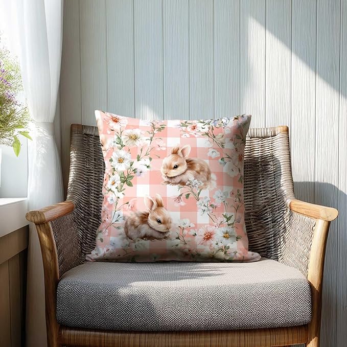 Bunny Throw Pillow Covers 18x18 Set of 2 | Pink Floral Rabbit Cushion Cases | Cute Easter Spring Gingham Decorative Pillow Covers for Couch Sofa Bedroom Girls Room