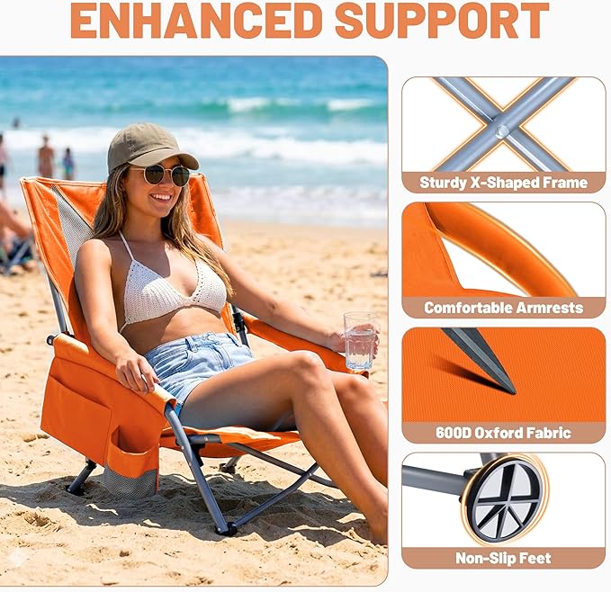 Youtanic Beach Chairs 2 Packs, Folding Portable Chair for Adults, Standard Back Extra Wide Seat with Cup Holder & Carry Bag, Lightweight Camp Chair for Outdoor, Beach, Sand, up to 350lbs, Orange