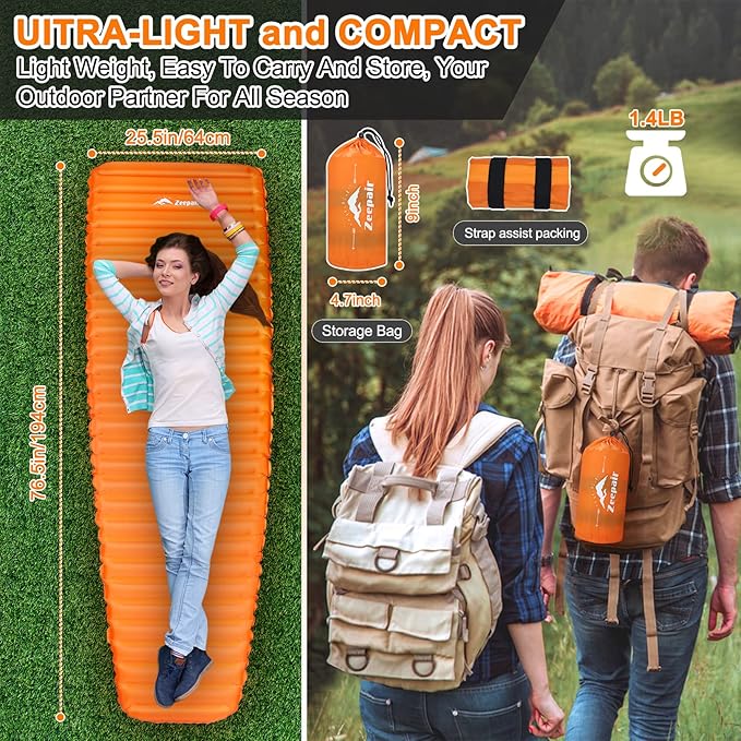 Camping Sleeping Pad, Ultralight Waterproof Inflatable Sleeping Mat with Inflation Bag, Lightweight Portable Compact Air Mattress for Outdoor Backpacking Hiking Traveling Tent Use (Single, Orange)