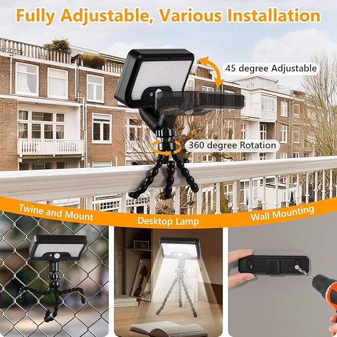 Solar Motion Lights Outdoor with Flexible Octopus Tripod, USB & Solar Powered Motion Sensor Lights with 92 LEDs, IP65 Waterproof Motion Activated Light for Fence, Camping (1 Pack, Cool White)