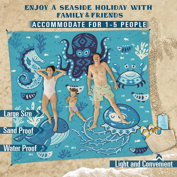 Famstar Beach Blanket Sandproof Waterproof 78''×81''1-5Adults Oversized,Compact Lightweight Durable Beach Mat for Travel Camping Hiking Picnic Blanket