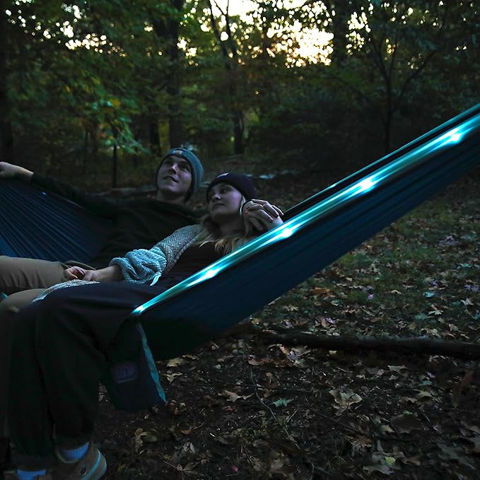 Equip Outdoors Portable Camping Illuminated Hammock, Hanging Kit Included, Two Person Light Up Hammock, Blue, 124'' L x 77'' W (99554)
