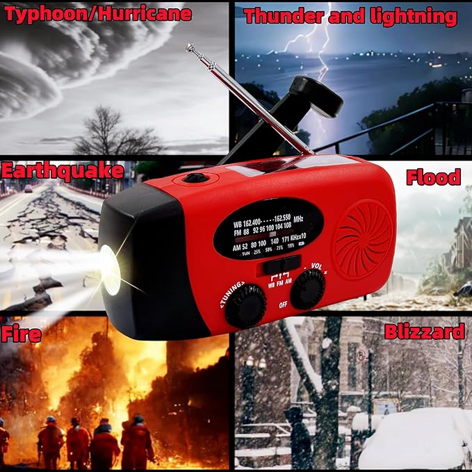Hand Crank Emergency Weather Radio, AM FM NOAA Solar Radio with Led Flashlight and Earphone Jack, 2000mAh Charger for Smartphone, Self Powered LED Flashlight with SOS Alarm