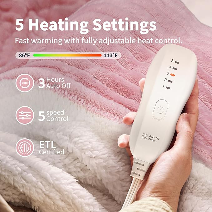 Texciting Heated Blanket Electric Blanket Throw 50”X60”-Heating Throw with 5 Heat Settings-3 Hours Auto Off,ETL Certified,Machine Washable (Pink)
