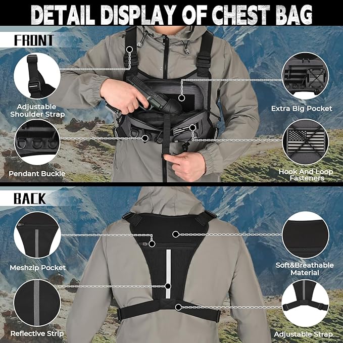 koculemi Outdoor Sports Chest Bag for Men, Chest Vest Holster Fits Most Pistols, EDC Travel Chest Pack for Running, Hiking