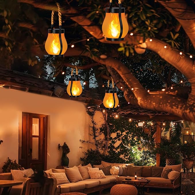 Hompavo Gen2 Solar Lanterns Outdoor with Ultra-Real Flame, Dual Charging (USB/Solar) & 2 Mode - Waterproof Decorative Hanging/Table Lights for Yard Patio Garden Birthday Mothers Day Gifts for Women, 2