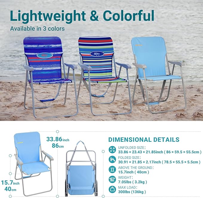 #WEJOY Folding Beach Chair for Adults, Lightweight Beach Chair with Shoulder Straps, High Back Camping Chairs with Hard Armrest, Supports 300lbs for Outdoor Lawn Concert