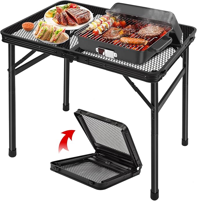 jkwokback Grill Table Camping Table Portable Folding Table,Height Adjustable Collapsible with Mesh Desktop,Lightweight Metal Table for Camp, BBQ, Picnic, RV, Outdoor Cooking, Travel