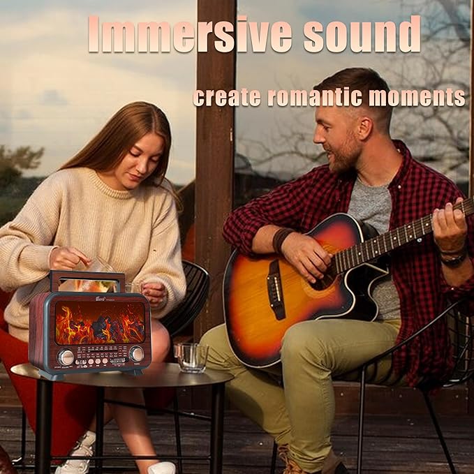 Retro Portable Radio AM FM SW Shortwave Radio with Bluetooth Speaker,Flame Atmosphere Lamp Battery Operated,SUB Charging, TF Card (Wood Tone)