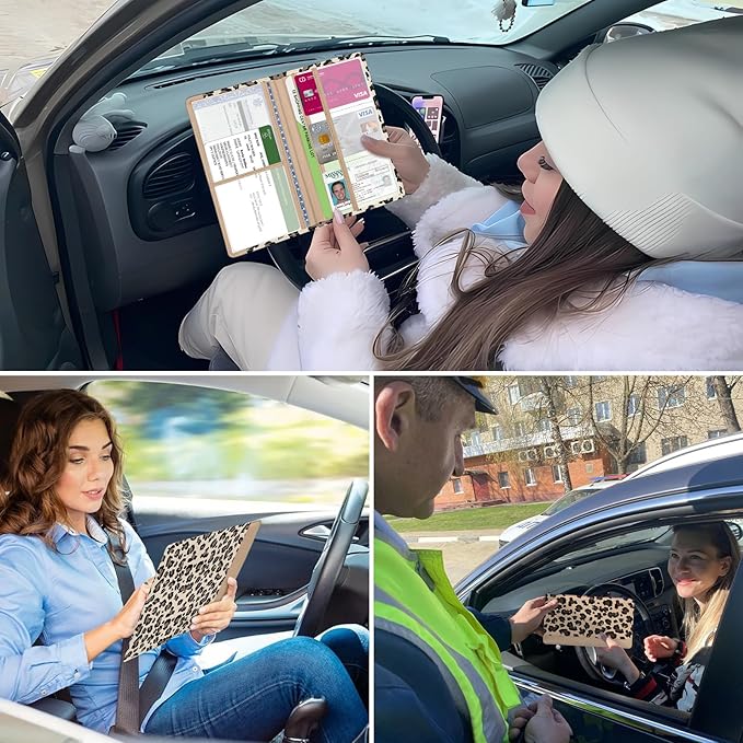 Car Registration and Insurance Holder, with Magnetic Closure for License, Cards and Documents, All Vehicle Needs and Car Accessories (Leopard-Yellow)