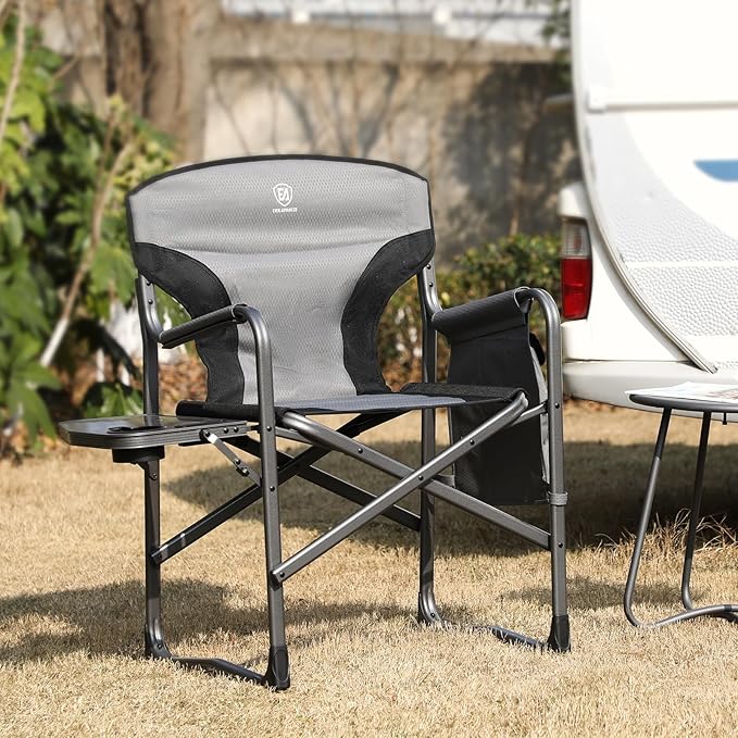 EVER ADVANCED Aluminum Lightweight Folding Director Chair, 350lbs Heavy Duty Camping Chair with Side Table & Storage, 19" Joint-Friendly Height Easy to Stand, Portable Makeup Artist & Vendor Chair
