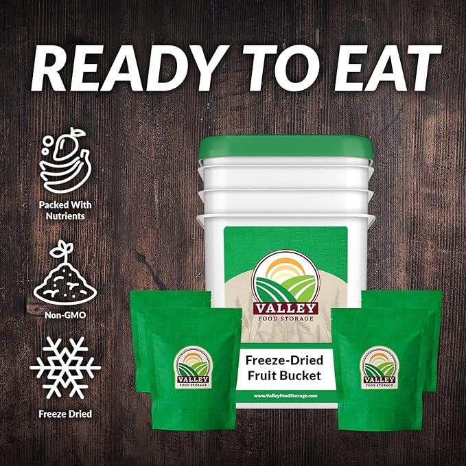 Valley Food Storage Freeze Dried Fruit Bucket | 12 Pouch Emergency Food Supply | Non-GMO Survival Food with 25 Year Shelf Life | Camping Snacks, Long Term Food Storage & Prepper Supplies | Packaged in USA