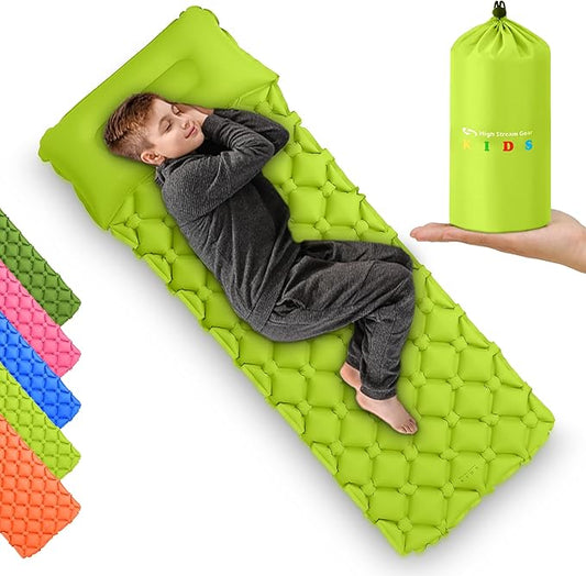 Kids Sleeping Pad for Camping and Sleepovers with Pillow, Inflatable Camping Mattress for Backpacking & Travel, Thick Toddler Cot Mat, Fast Inflating Camping Sleeping Pads for Kids