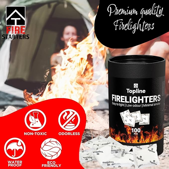 Instant Fire Starter Lighters Multipack - 100 Odourless Firelighters Sachets in Tube Storage Box. Fire Lighters for Wood Burners, Fire Logs, Charcoal BBQ. Waterproof Firelighters for Open Fires