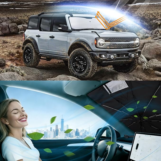 Windshield Sun Shade Custom Fit for 2021-2026 Fo-rd Bronco (Not for Bronco Sport) Accessories Foldable Sunshade Sun Blocker Protect Car from Sun Rays & Heat Damage Keep Car Cooler