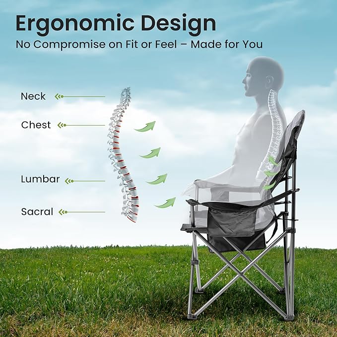 Oversized Camping Chair Heavy Duty- Portable Folding Chair, Cup Holder & Waterproof Phone Case for Adults, Beach, Hiking, Backyard (Black & Light Gray, 2 PCS)