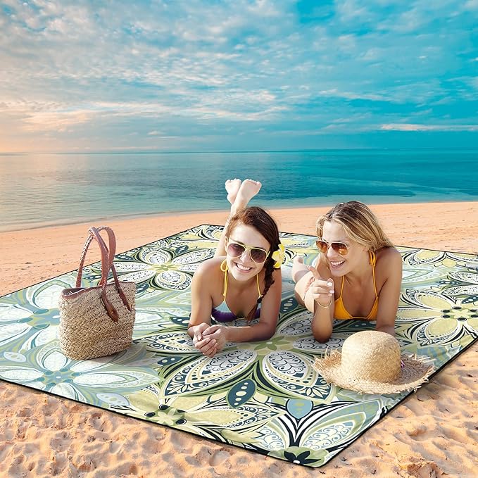 HIHOHO Beach Blanket Waterproof Sandproof Beach Mat for 1-8 Adults Quick Drying Durable Outdoor Picnic Mat for Beach Festival Travel Camping Hiking (Flourishing Blossom-Y&GN, 79"×83"(4 Person))