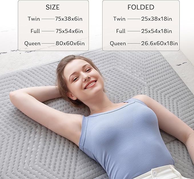 MLILY Tri-Fold Memory Foam Mattress, 6 inch Full Folding Mattress with Collapsible and Washable Cover, Travel and Guest Mat, 75"×54"×6", Grey