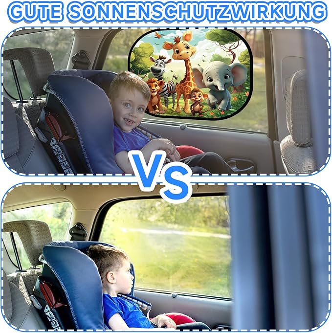 JUNEBRUSHS 2 Pack Car Window Shade With UV Protection for Baby - 17.6 x 14.4 Inches Sun Shade With Cute Animal Designs