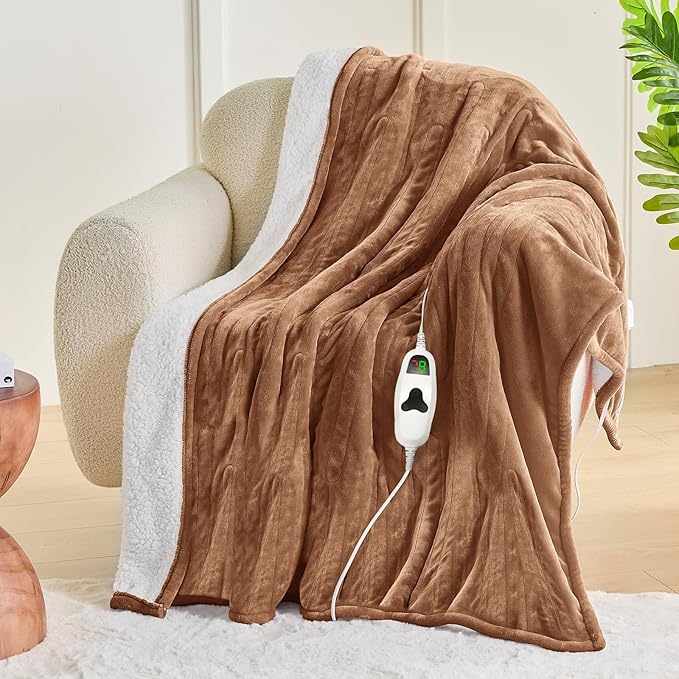 greenoak Heated Blanket Electric Throw 50"X60", Heating Blanket with 10 Heat Levels 8 Hours Auto-Off,Fleece Soft Blanket, Birthday Gifts for Grandma Seniors, Brown