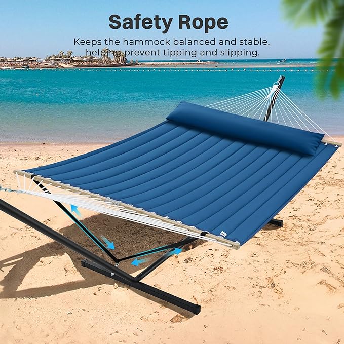 SUPERJARE Hammock with Stand, 2 Person Quilted Outdoor Hammock, Detachable Pillow & Bamboo Spreaders, Portable Hammock with Carrying Bag, Heavy Duty Stand, Perfect for Outside, Patio, Navy Blue