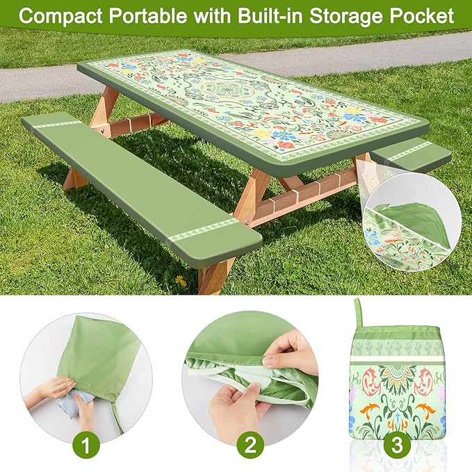 Picnic Table Cover with Bench Covers Portable Table Cloth Built-in Storage Pocket Fitted Tablecloth with Elastic Edges Waterproof Camping Essentials for Indoor Outdoor Rv,72in,DarkSeaGreen
