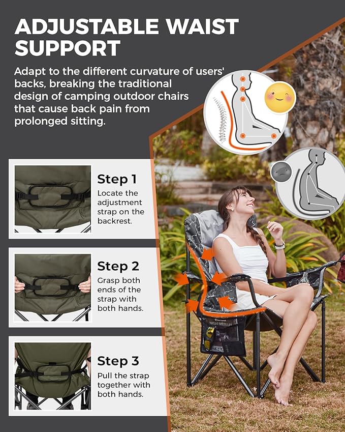 KingCamp Oversized Camping Chair with Adjustable Lumbar Support, 550lbs Heavy Duty Padded Folding Lawn Chair for Adults, Outdoor Armchair with Cooler Bag, Cup Holder & Side Pocket for Fishing, Travel