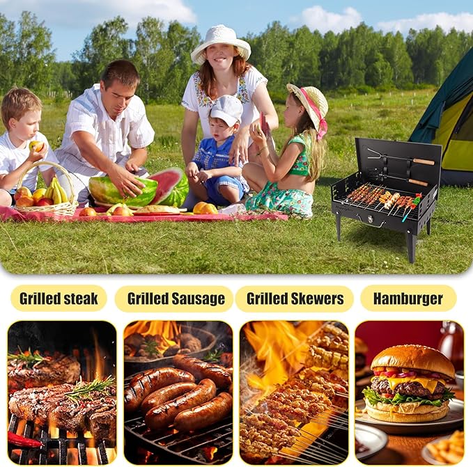 Portable Grill with Lid & Adjustable Vents - Foldable Charcoal BBQ for Camping & Picnics | Complete 4-Piece Dining Set Included for Ultimate Outdoor Cooking