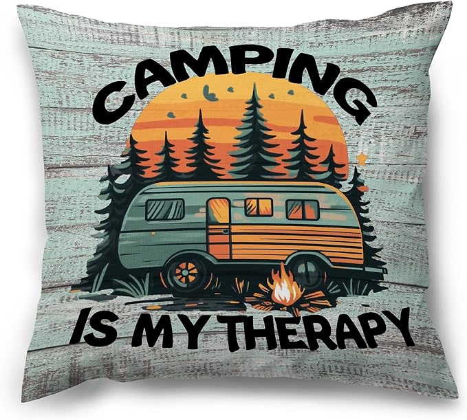 Camping Camp Decorative Throw Pillow Covers, Camping is My Therapy RV Gifts for Camper, Rustic Campsite Pillow Cases Decor for Couch Bedroom 18x18in