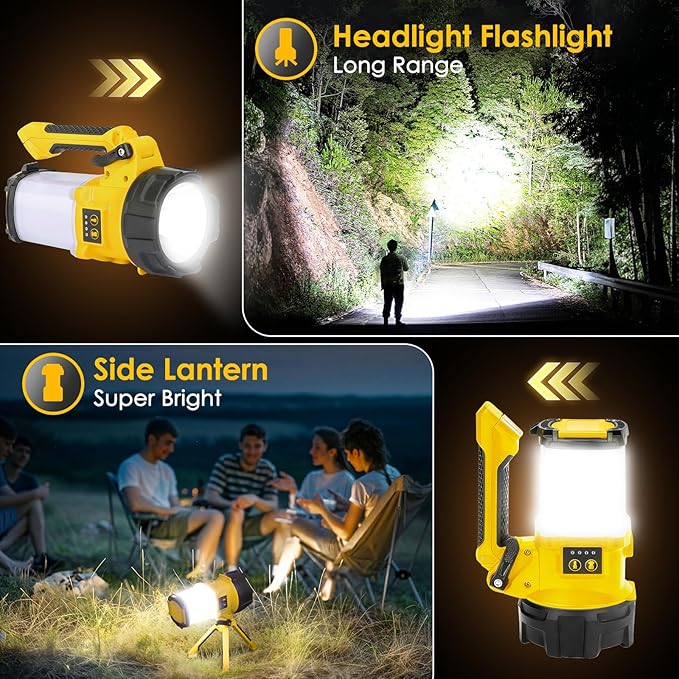 BOBKID Tripod Rechargeable Camping Lantern, 6 Modes LED Flashlight Handheld Spotlight with 4000LM, IPX4 Waterproof Searchlight Work Light for Emergency Hiking Survival Kit - Yellow