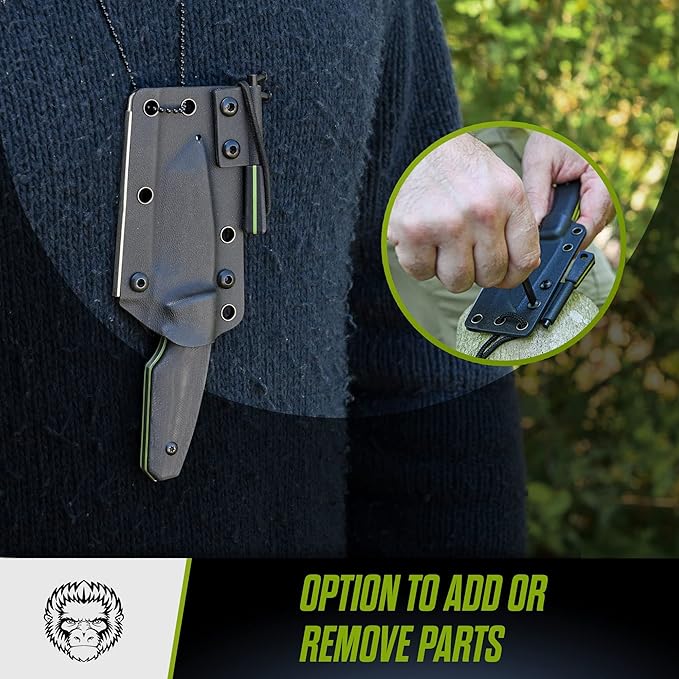 Holtzman's Gorilla Survival Tanto Fixed Blade Neck Knife with Kydex Sheath & Ferro Rod (Silver+Green) - Ideal for Outdoor Activities and Everyday Carry