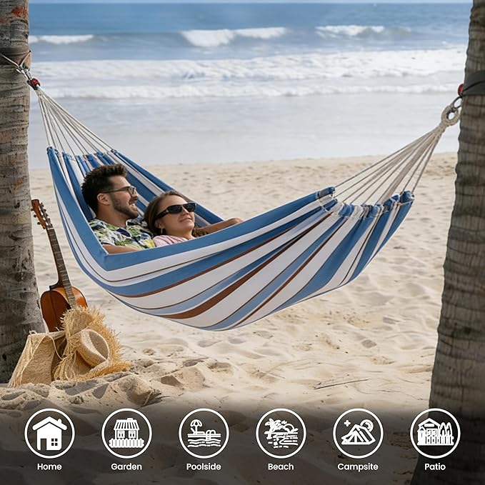 Lazy Daze Hammocks Double Brazilian Cotton Hammock, Extra Large Portable Outdoor Camping Hammock with Tree Straps & Travel Bag for Backyard Patio Poolside Indoor, 550lbs Capacity, Blue & Light Gray