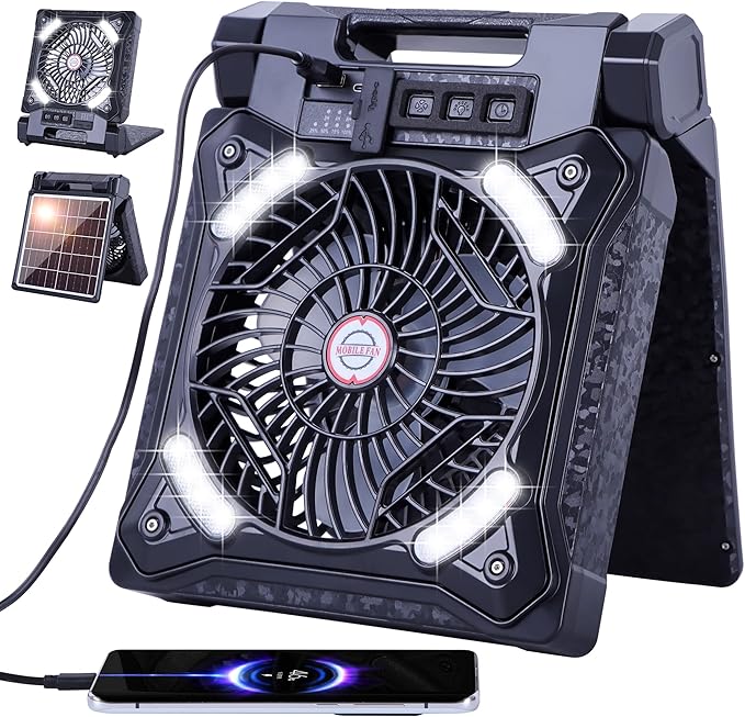 WESTTREE Solar Fan Battery Powered Rechargeable Solar Camping Fan with Led Lantern & Power Bank Foldable Angle USB Personal Fans for Travel Outdoor Camping Tents X98 Black
