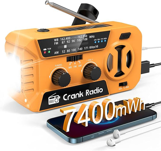Emergency Weather Radio for Winter Storm, NOAA Weather Radio Hand Crank Emergency Radio with 7400mWh Power Bank, USB/Solar/Hand Crank, Battery Operated,Flashlight&SOS Alarm,for Emergency Survival Gear