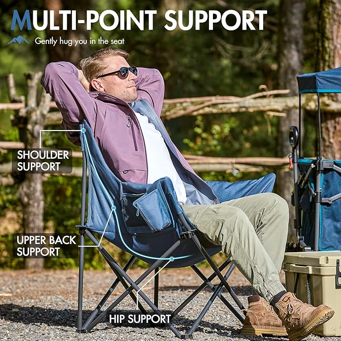 Portal Oversized Padded Camping Chair - Heavy Duty Folding Chair with Cup Holder & Side Pocket, Supports 350 lbs, for Camping, Lawn, Sports, Blue