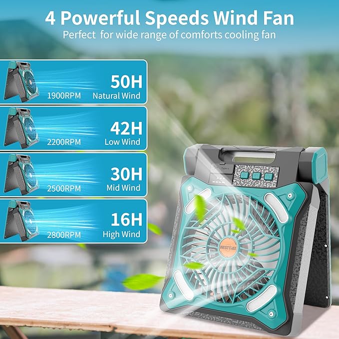 WESTTREE Solar Fan Battery Powered Rechargeable Solar Camping Fan with Led Lantern & Power Bank Foldable Angle USB Personal Fans for Travel Outdoor Camping Tents X98 Cyan