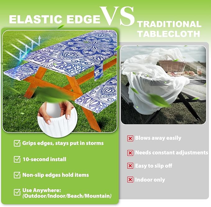 Picnic Table Cover with Bench Covers Vinyl Elastic Edges Fitted Rectangle Seat Tables Waterproof 3-Piece96X30in Set Outdoor Rectangular Folding Backing Tablecloth for Camping Over Size