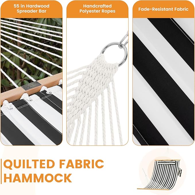 Lazy Daze Hammocks 2 Person Double Quilted Fabric Hammock with Spreader Bar, Detachable Pillow, Side Pocket, Carabiners, Chains, Straps for Outdoor, 450lbs Capacity, Black White Stripes