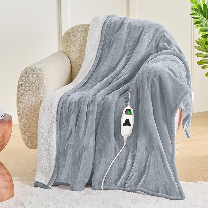 greenoak Heated Blanket Electric Full 72"X84", Heating Blanket with 10 Heat Levels 1/2/4/6/8 Hours Auto-Off, Flannel Sherpa Soft Warm Heater Blanket, Dove Grey