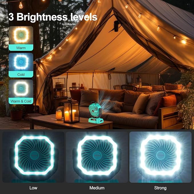 Odoland Portable Camping Fan with LED Lantern, 20000mAh Rechargeable Battery Powered Fan with Auto Oscillation, Timer, Remote, 360° Rotation Hook, 4 Speeds for Power Outage Travel Home,Cayan