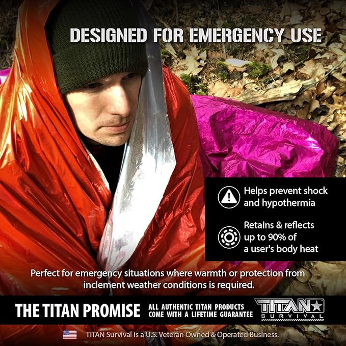 TITAN Survival Premium Mylar Survival Blankets (5 Pack) Thermal Emergency Survival Blanket for Camping, Hunting, Hiking - 90% Heat Retention & Waterproof - Portable Space Blanket w/Size Options