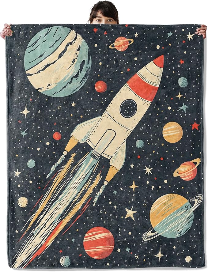 Retro Rocket Ship Blanket, Cozy Flannel Colorful Planets and Stars Throw Blanket, Soft Fuzzy Blankets for Travel Decor, All Season Lightweight Couch Bed Cover, Gifts for Women Kids 40"×50"